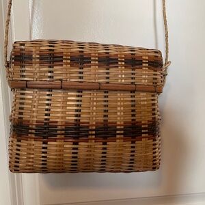 Woven Rattan Tan and Brown Crossbody Bucket Bag